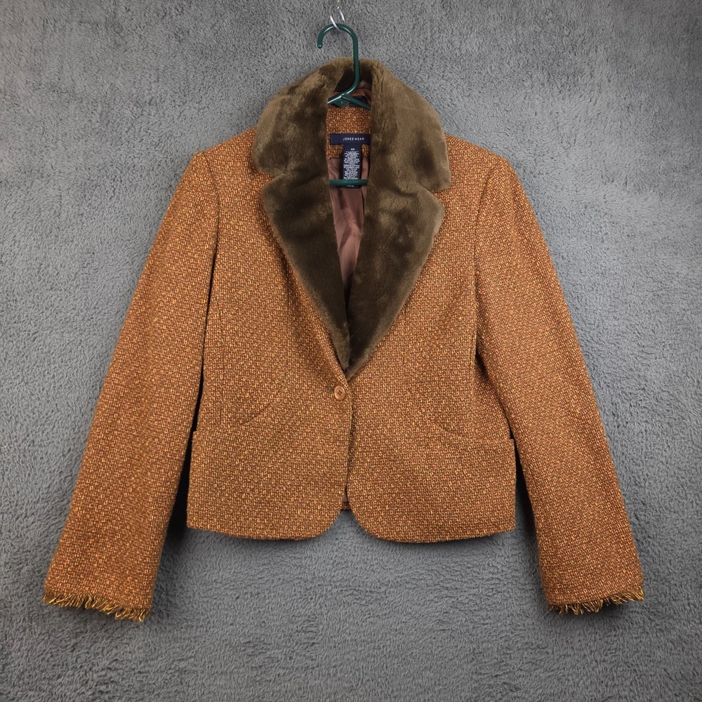 Jones Wear Tweed Blazer Women’s 10 Detachable Faux Fur Collar Wool Blend Brown